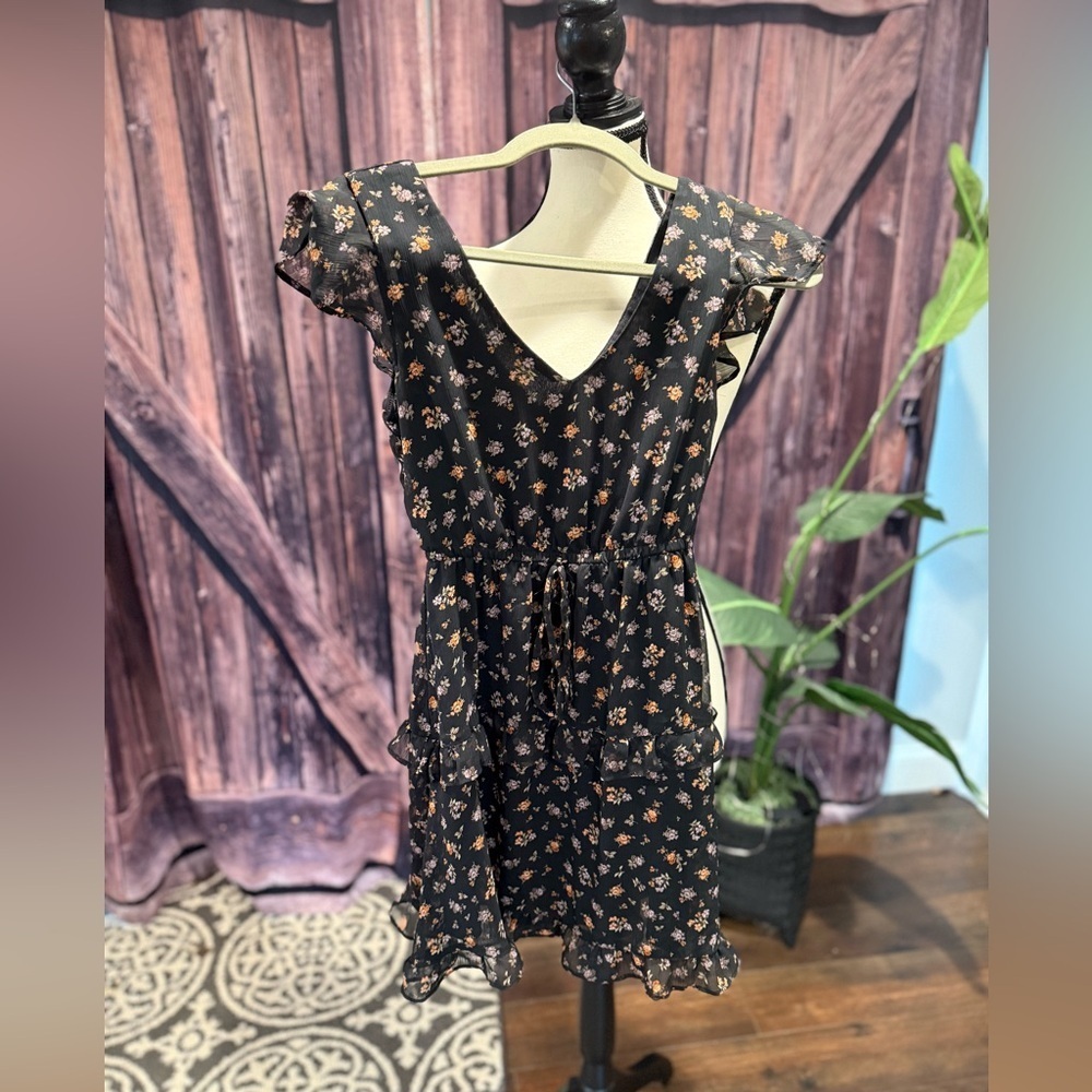 BCX black floral tiered dress stretchy waist xxs